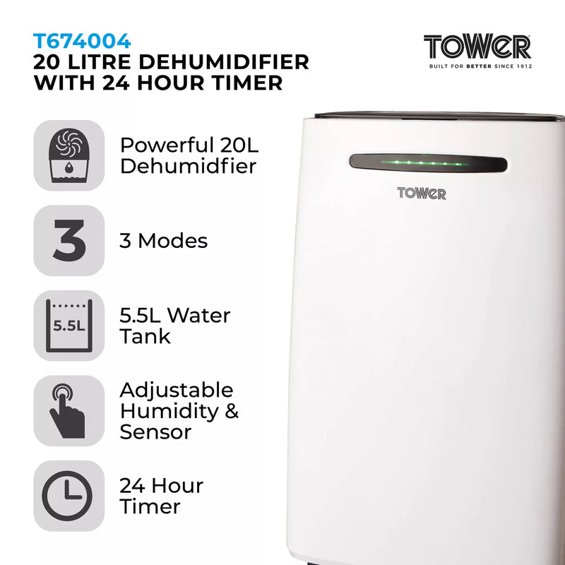 Tower 20 litre Dehumidifier with 24 Hour Timer